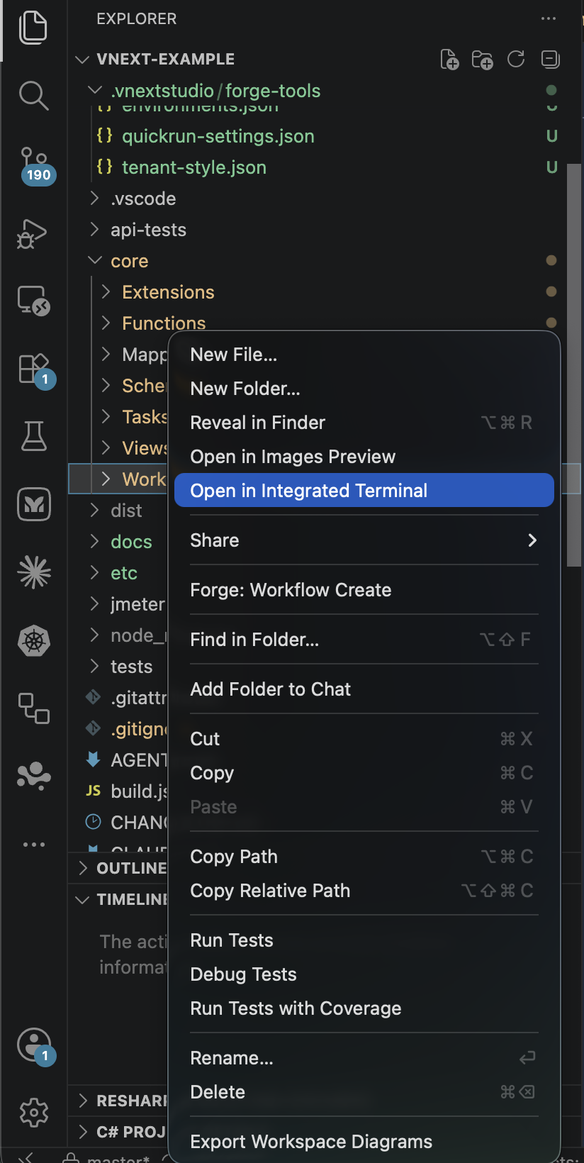 Workflows klasörü sağ tık menüsü