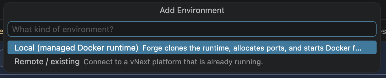 Environments paneli — Add Environment