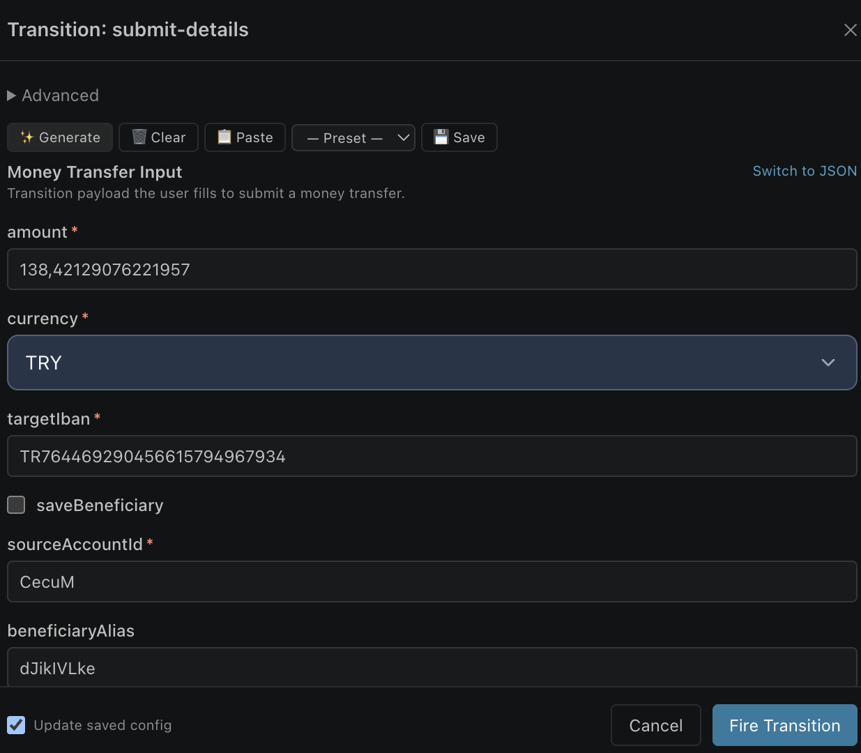 Fire Transition diyaloğu — şemadan üretilmiş payload